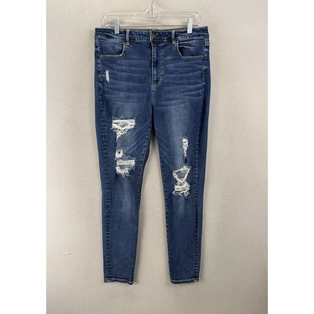 American Eagle Size 14 Super‎ Hi Rise Jegging Distressed Stretch Jeans Blue